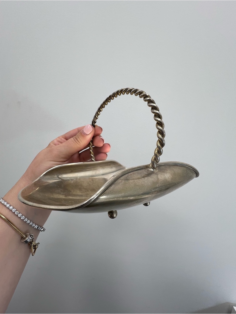 Vintage Cartier Hand Made Sterling Silver Basket Twisted Handle Candy Bowl